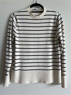 Zara cream navy horizontal stripe crew neck sweater classic coastal preppy M